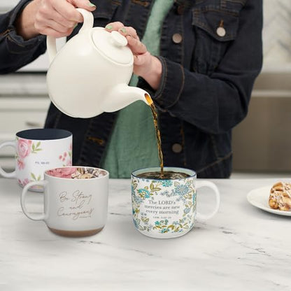 Christian Art Gifts Large Microwave & Dishwasher Safe Ceramic Coffee Mug - color: Mercies are New/Blue Floral, size: 14 Ounces