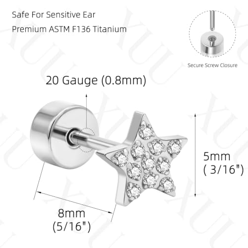 XUU 20G Flat Back Stud Earrings ASTM F136 Titanium - color: silver star