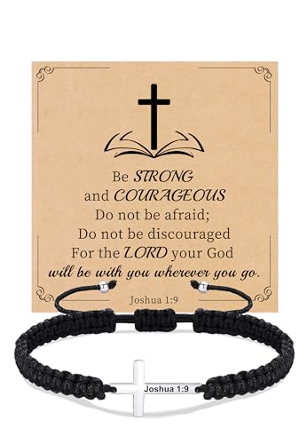 Christian Gifts Cross Bracelet for Men Easter Baptism Religious Gifts for Women Handmade Braided Bracelets Inspirational Confirmation Gifts for Teenage Girl Boys Jewelry - color: Silver, style: Joshua 1:9