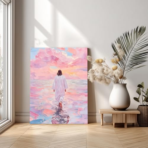 FASWQ Wrapped Canvas Pink Jesus Walking on Water Wall Art 16x24 in - color: JesusBack, size: 24"L x 16"W