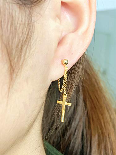 Cross Dangle Drop Earrings 925 Sterling Silver Chain Dropping for Women Girls Punk Ball Studs Hypoallergenic Jewelry - style: Gold Plated