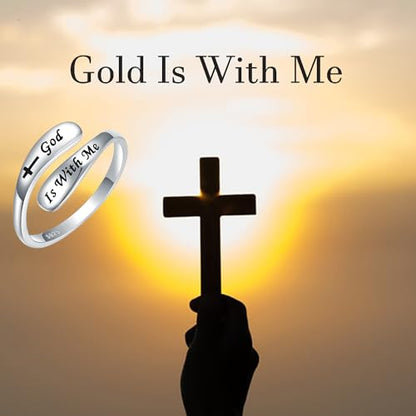 925 Sterling Silver Inspirational Adjustable Rings - Personality Encouragement Jewelry Gift For Women - style: God Is With Me