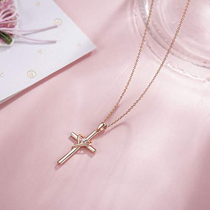 AmorAime 925 Sterling Silver Cross Necklace for Women Men 14K Gold Plated 5A CZ Birthstone Necklaces for Holiday - color: M-Rose Gold