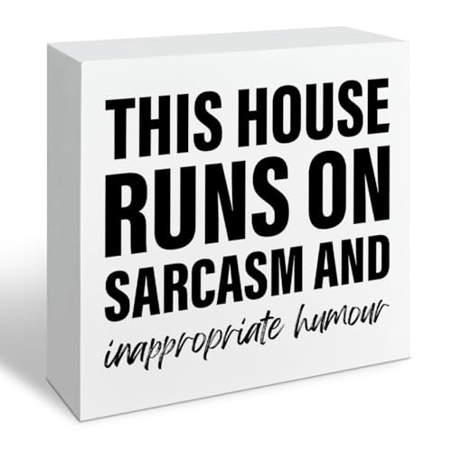 Funny Wood Signs, This House Runs On Sarcasm and Inappropriate Humor Sign, Funny Home Decor, Housewarming Gift, Box Sign Tabletop, Living Room Decor, Hallway Decoration, 5.1x5.1inches - color: Home 16