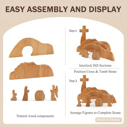 Empty Tomb Easter Scene and Christian Cross Decoration, Wooden Easter Resurrection Scene Cross Jesus Tomb Tray Set, Easter Decor for Religious Home Office Tabletop Christian Gifts