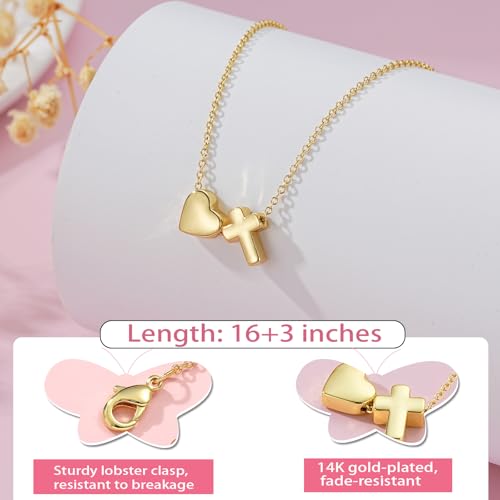 Baptism Gifts for Girls, 14K Gold Plated Heart Cross Necklace for Daughter Granddaughter Niece Sister Confirmation First Communion Christian Religious Gifts 16+3 Inches - style: First Communion Heart Cross Necklace