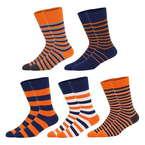 Men's Colorful Striped Dress Socks, 5-Pack Cotton, Sock Size 10-13 - color: Orange Blue Stripes
