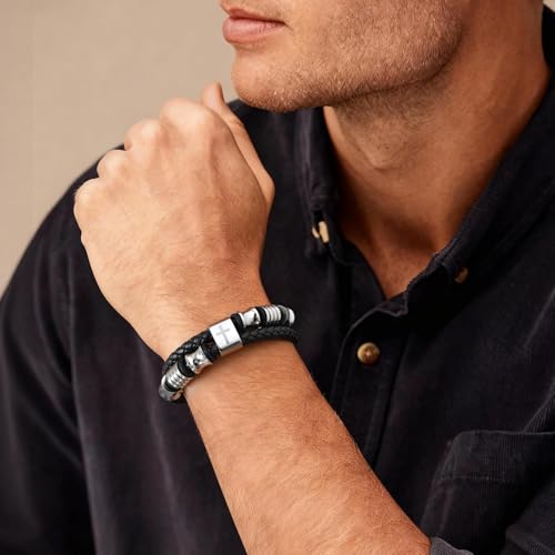 Christian Silver Leather Bracelet for Men - Double-Row Braided Leather Faith Cross Bracelets Bangle Religious Baptism Inspirational Bible Verse Jewelry Gift for Men, Adjustable Wristband 7.5"-8.6" - color: Black-JOHN 3: 16