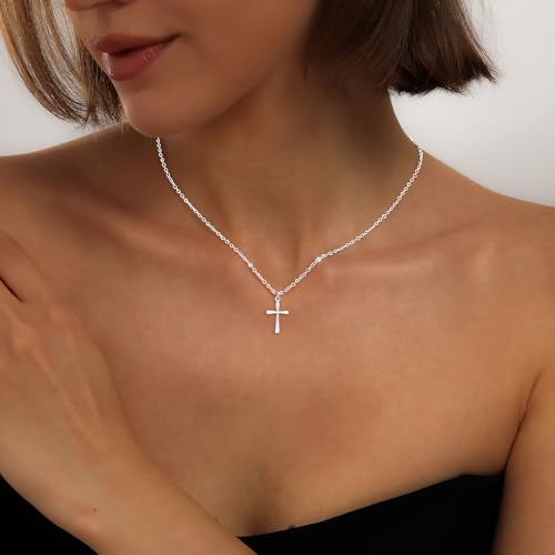 Cross Necklace for Women, Dainty 14K Gold Plated CZ Pendant - color: Silver-dainty plain cross