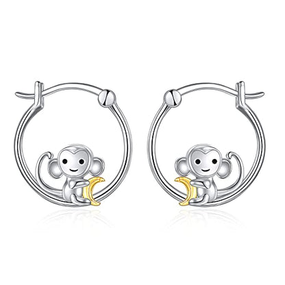 Fox/Pig/Mushroom/Cat Earrings Sterling Silver Cute Hoop Earrings Animal Jewelry Gifts for Women Daughter - style: monkey