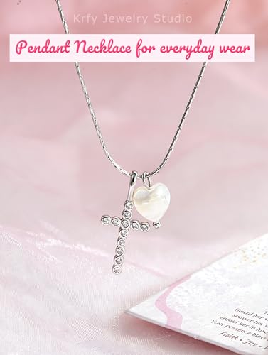 S925 Sterling Silver Cross Necklace for Girls, Baptism First Communion Confirmation Gifts, Pearl Heart Pendant Necklaces, Back to School Graduation Easter Birthday Faith Gift Age: Over 8 Years Old - style: Heart Cross Silver