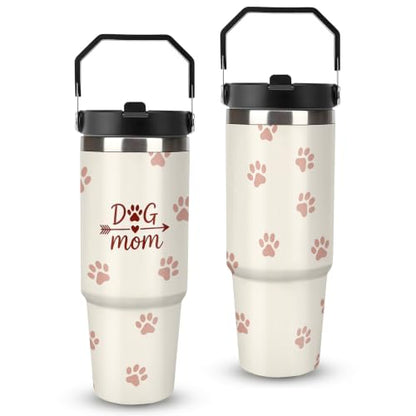 30 oz Dog Travel Mug with Handle and Straw, Cute Dog Mom Paw Pattern Stainless Steel Vacuum Insulated Tumbler, Water Bottle, Funny Dog Lover Gifts for Women - color: dog travel mug