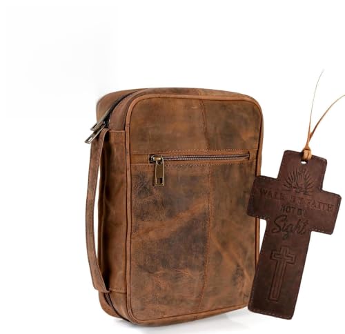 11 x 8 inch Real Leather Bible Cover for Men, Bible Case Women Organizer with Handle & Pocket Pen Holder Christian Religious Gift Bookmark Bible Carrying Bag for Church - Antique Brown - color: Brown