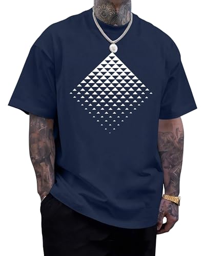 Aiyino Men's Triangle Geometric Tee – Gradient Art 100% Cotton Casual Top - color: Navy, size: Large