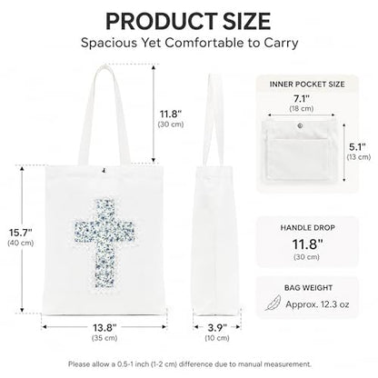 Christian Tote Bag Gift for Women, Canvas Bible Bag Handmade Floral Cross - color: White-blue Sprig