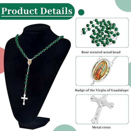 Taiyin 36 Pcs Wooden Bead Rosary Necklace with Crucifix and Our Lady of Guadalupe Scented First Communion Rosary with 36 Organza Bags Baptism Favors Catholic Gift for Men Women - color: Green