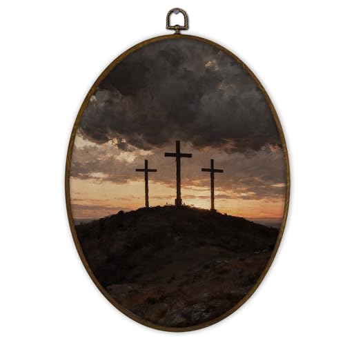 Gnmduw Easter Christian Cross Calvary Landscape Oval Wall Art Framed, Modern Christian Three Cross Canvas Prints Hanging Decor, Easter Religious Wall Decor for Bedroom Home Prayer Room, 8.7x11.3 Inch - color: cross, size: 11.3"L x 8.7"W