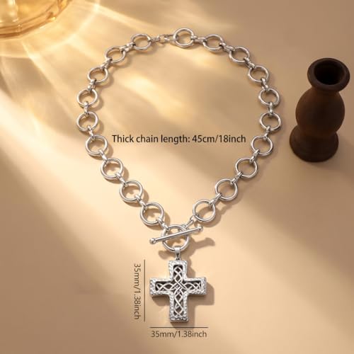Chunky Cross Necklace for Women, 925 Sterling Silver Pendant with Copper Chunky Chain, Non Tarnish Statement Necklace for Daily Wear, Gift - color: Silver-05
