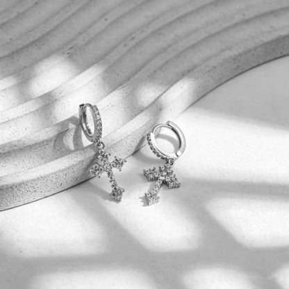NEWITIN CZ Cross Earrings for Men Women 14K Gold Plated Huggie Hoop Earring - color: Silver A