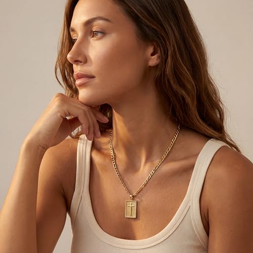 Cross Necklace for Women Girls, 14K Gold Plated Dainty Pendant Necklaces Set, Cute Trendy Faith Christian Religious Everyday Jewelry Gifts Aesthetic Accessories Non Tarnish - color: Classic Figaro