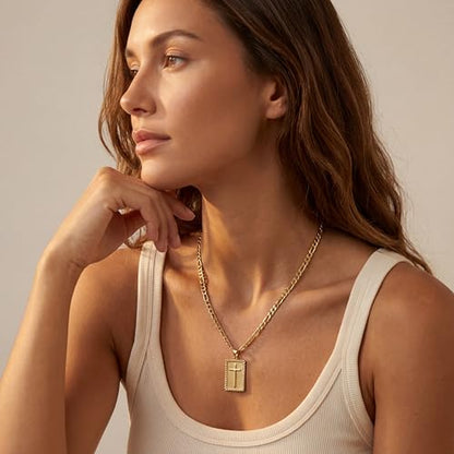 Cross Necklace for Women Girls, 14K Gold Plated Dainty Pendant Necklaces Set, Cute Trendy Faith Christian Religious Everyday Jewelry Gifts Aesthetic Accessories Non Tarnish - color: Classic Figaro