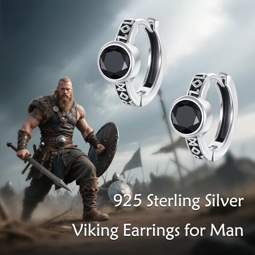 AOBOCO Black Hoops Earrings for Men Sterling Silver Viking Celtic Cross Heart Skull Round Triangle Hoop Earrings Birthday Father Day Christmas Jewelry Gifts for Men Women Friends - style: Black CZ Viking Hoops