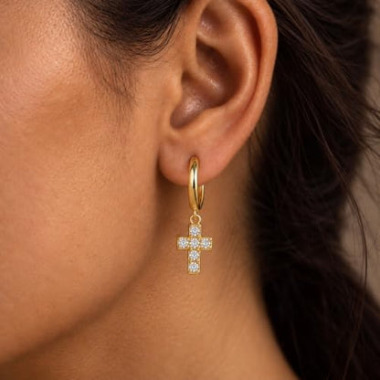 Dangle Earrings for Women, Dainty Huggie Hoop Dangle Earrings - color: Cross 01 Dangle Gold