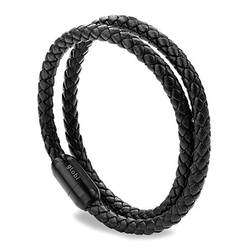 globi Leather Bracelet For Men | Genuine Wrap Braided Leather Cuff Bangle Bracelet with Magnetic Stainless Steel Clasp For Men/Women - color: Black