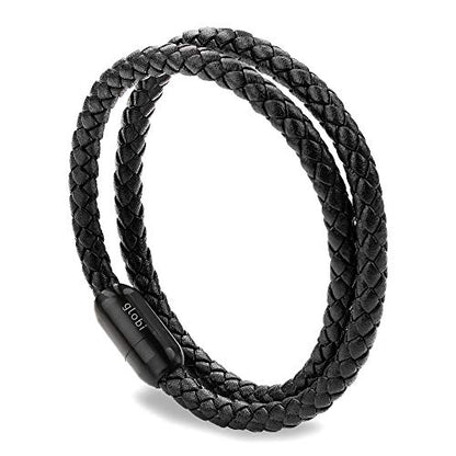 globi Leather Bracelet For Men | Genuine Wrap Braided Leather Cuff Bangle Bracelet with Magnetic Stainless Steel Clasp For Men/Women - color: Black