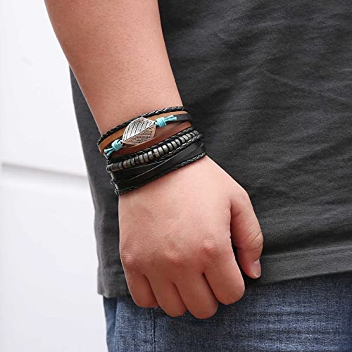 HZMAN Handmade Hemp Cords Wood Beads Leather Bracelets for Men Women - style: Leaves