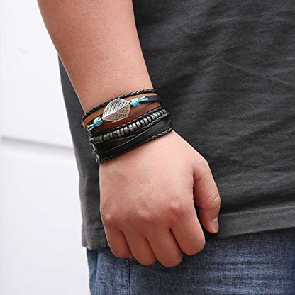 HZMAN Handmade Hemp Cords Wood Beads Leather Bracelets for Men Women - style: Leaves