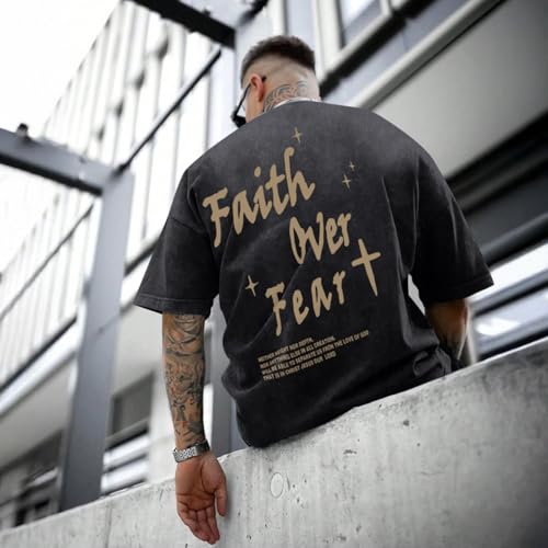 Christian Shirts for Men Faith Over Fear Acid Wash Tshirts Faith Religious Tees God Bible Verse Inspirational Tops - color: Black1, size: Medium