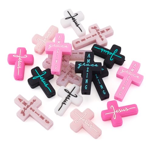 Beadthoven 16Pcs Cross Silicone Focal Beads for Pens Pink Black Cross Shaped Beads Faith Jesus Rubber Spacers for Keychain Making Bracelets Necklace DIY Crafting - color: Pink Black 8 Styles