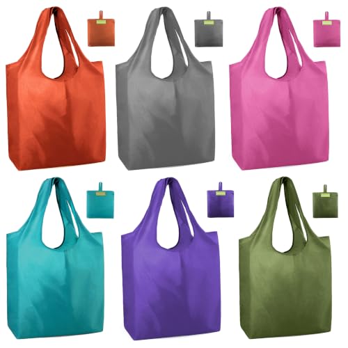 BeeGreen Reusable Shopping Bags Cute Grocery Bag 6 Pack, Reusable Gift Bags Heavy-Duty Foldable Shopping Totes for Supermarket, Work & Travel, Large Washable Polyester Tote Bag with Handles - color: Military green, orange, teal, rose red, purple, gray