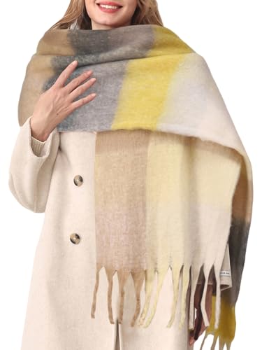 HOTIAN Women's Large Scarf Colorful Chunky Plaid Scarves Soft Winter Thick Tassel Warm Wrap Shawl - color: Khaki