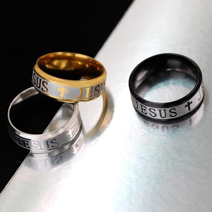 Uloveido Stainless Steel JESUS Cross Ring - Christian Faith Scripture Jewelry for Men - 8mm Comfort Fit Wedding Cross Band Durable Polished - color: Black