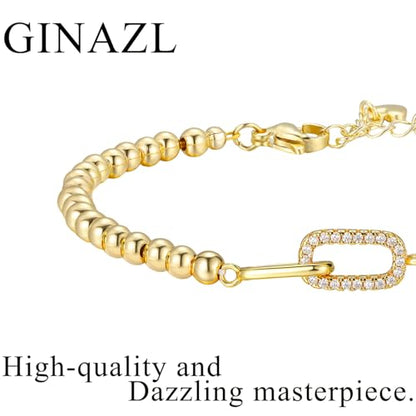 GINAZAL Gold Bead Bracelet for Women, Hypoallergenic Fade-Resistant | Brass | 14K Gold |Cubic Zirconia - color: Link
