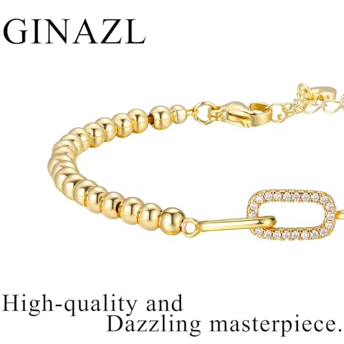 GINAZAL Gold Bead Bracelet for Women, Hypoallergenic Fade-Resistant | Brass | 14K Gold |Cubic Zirconia - color: Link