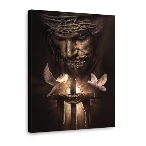 Fantasy Artists Framed Jesus Christ Canvas Wall Art The Cross and Peace Dove Christian Painting Prints Biblical Wall Decor Religious Room Decor for Church Prayer Room Schools Hospitals 12" x 16" - color: Jesus 1, size: 16"L x 12"W