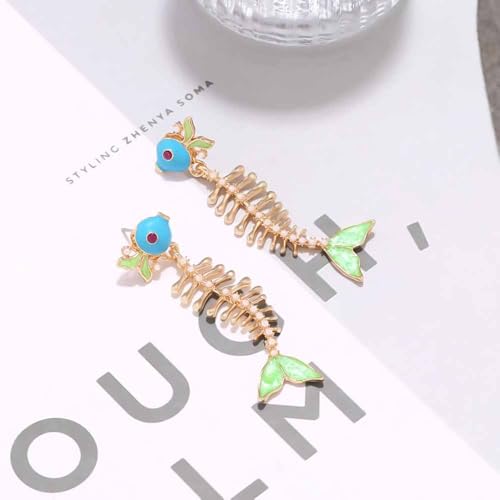 Fish Bone Earrings Drip Oil Animal Earrings Colorful Crystal Sparkly Enamel Earrings Creative Long Fishbone Earstud Dangle Fish Drop Earrings Jewelry for Women - color: Green