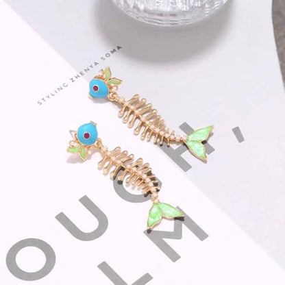 Fish Bone Earrings Drip Oil Animal Earrings Colorful Crystal Sparkly Enamel Earrings Creative Long Fishbone Earstud Dangle Fish Drop Earrings Jewelry for Women - color: Green