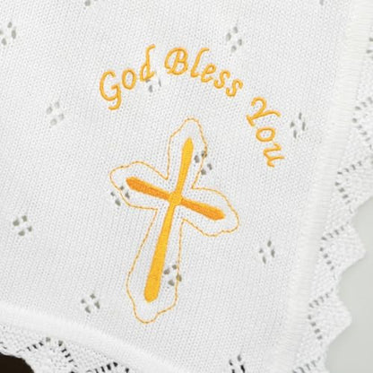 Baby Christening Blanket Cotton Soft Knit with Stitching Cross - color: White-glod