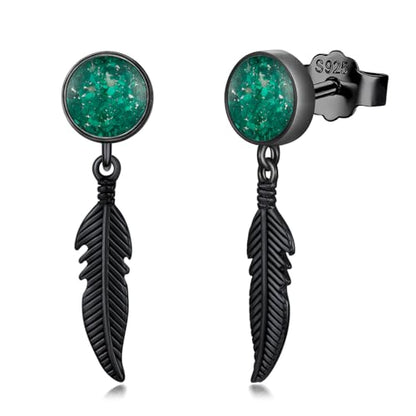 Black Dangle Drop Earrings 925 Sterling Silver Turquoise Earrings Jewelry Gifts for Women Men - style: Feather-Malachite