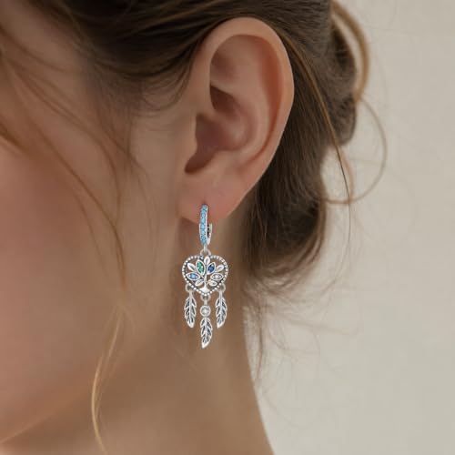 925 Sterling Silver Cute Animal Unique Huggie Hoop Earrings for Women - color: Tree of Life Dreamcatcher