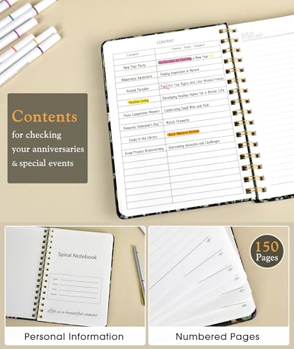 Lined Spiral Journal Notebook for Women, A5 Cute Hardcover Spiral Journals for Work, Note Taking, 150 Numbered Pages 100 GSM College Ruled Spiral Bound Notebook, 5.75" x 8.38", Spring Flowers - color: Spring Flowers