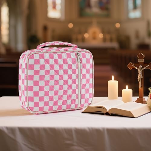 Bible Cover Case for Women Large Checkered Bible Bag Organizer Quilted Study Supplies Accessories Carrying Cases for Girls Portable Tote Bag Christian Gifts - color: Pink and White