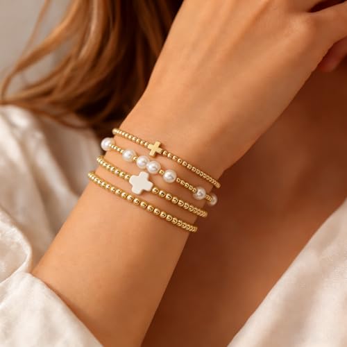 Gold Bracelets for Women Jewelry - Easter Basket Stuffers, Cross/Pearl/Beaded Bracelets Set, Dainty 14K Gold Plated Beaded Bracelets Stack, Birthday Easter Gifts for Women - color: 2Cross+1Bead+1Pearl