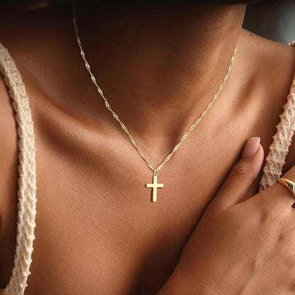 Cross Necklace For Women,14K Gold Plated Small Dainty Colorful Beaded Cubic Zirconia Diamond Double Layered Cross Pendant Choker Necklaces For Women,Christian Easter Religious Jewelry Gifts - style: Twist Chain Cross-Gold