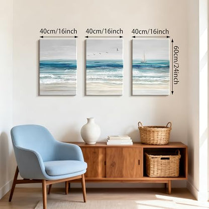 WENGTIAO 3Pcs Abstract Blue Beach Ocean Canvas Wall Art Paintings 16"x24" - color: Abstract Blue Ocean, size: 16"x24"x3Pcs