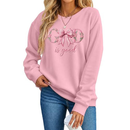 Eatbook Christian Sweatshirts for Women Jesus Long Sleeve Pullover Tops - color: Pink-bow, size: Small